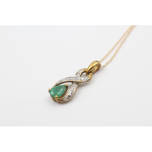 91 - 9ct gold pear cut emerald and diamond set pendant necklace (1.1g)