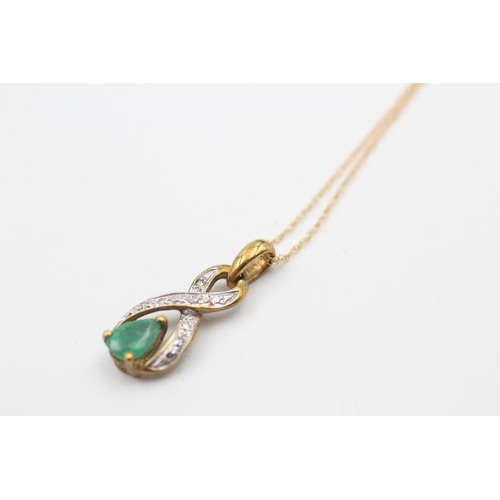 91 - 9ct gold pear cut emerald and diamond set pendant necklace (1.1g)