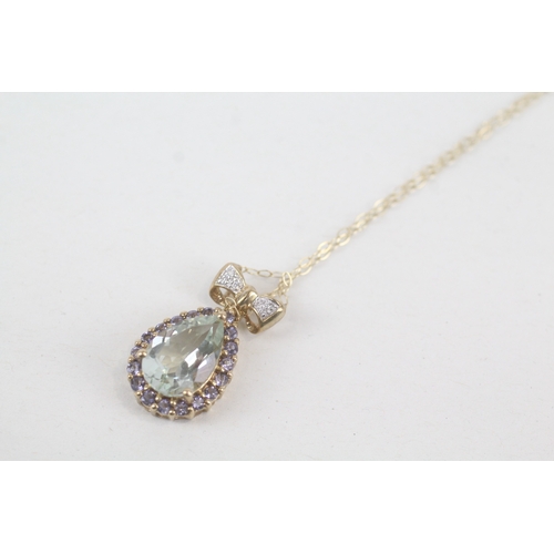 96 - 9ct gold diamond, prasiolite & iolite pendant necklace (2.6g)