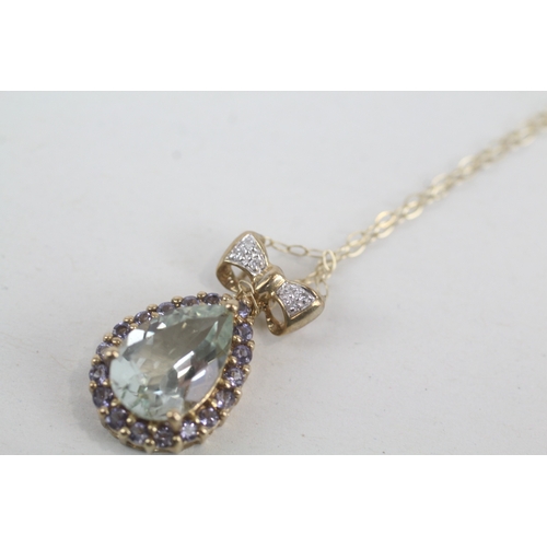 96 - 9ct gold diamond, prasiolite & iolite pendant necklace (2.6g)