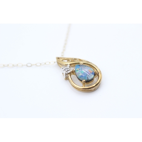 117 - 9ct gold opal triplet mosaic and diamond teardrop shaped pendant necklace (1.5g)