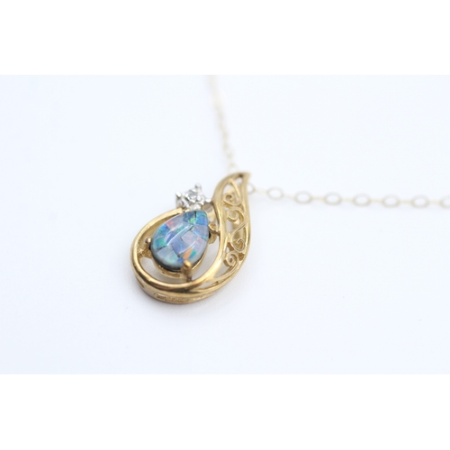 117 - 9ct gold opal triplet mosaic and diamond teardrop shaped pendant necklace (1.5g)