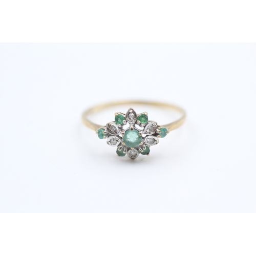 119 - 9ct gold diamond and emerald cluster ring (1.4g) Size  P 1/2