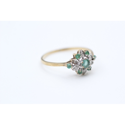 119 - 9ct gold diamond and emerald cluster ring (1.4g) Size  P 1/2