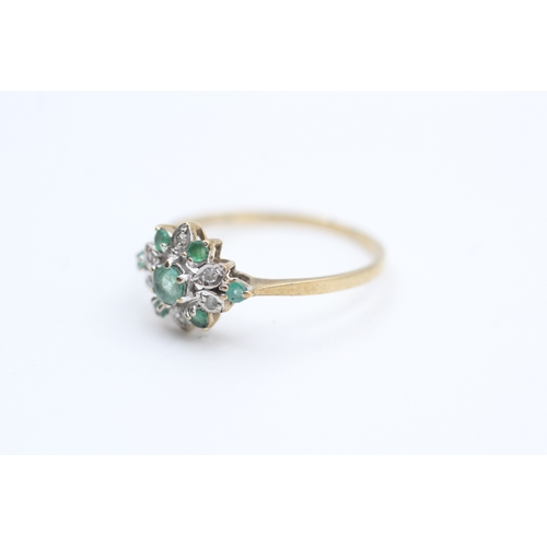 119 - 9ct gold diamond and emerald cluster ring (1.4g) Size  P 1/2