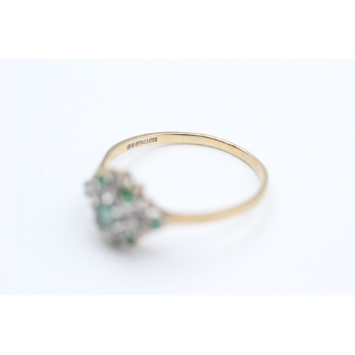 119 - 9ct gold diamond and emerald cluster ring (1.4g) Size  P 1/2