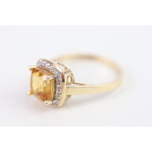 138 - 9ct gold diamond and citrine set square cluster cocktail ring (2.8g) Size  O 1/2