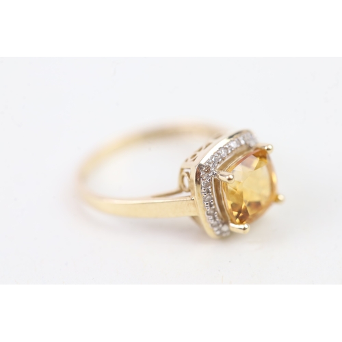 138 - 9ct gold diamond and citrine set square cluster cocktail ring (2.8g) Size  O 1/2