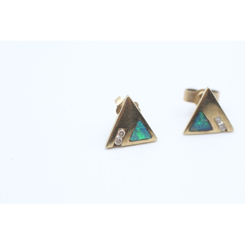 152 - 9ct gold Modernist opal doublet and diamond accent triangular stud earrings (1.2g)