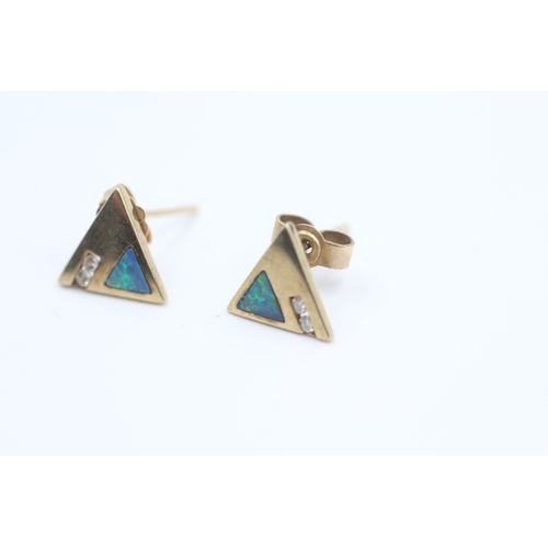 152 - 9ct gold Modernist opal doublet and diamond accent triangular stud earrings (1.2g)