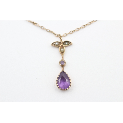 156 - 9ct gold seed pearl accented, pear cut amethyst pendant necklace (2.3g)