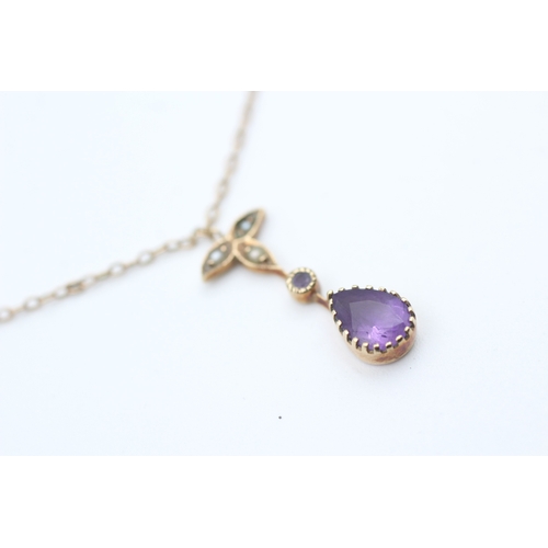 156 - 9ct gold seed pearl accented, pear cut amethyst pendant necklace (2.3g)