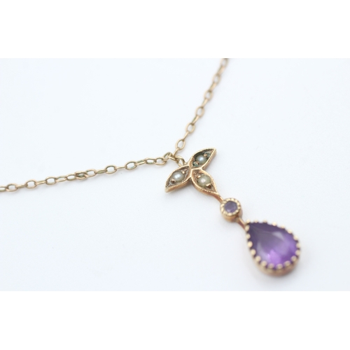 156 - 9ct gold seed pearl accented, pear cut amethyst pendant necklace (2.3g)