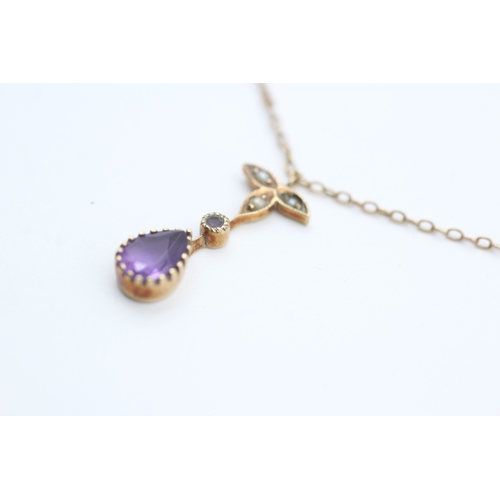 156 - 9ct gold seed pearl accented, pear cut amethyst pendant necklace (2.3g)