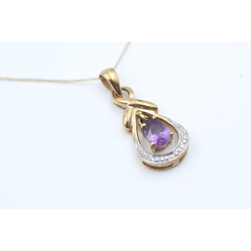 159 - 9ct gold amethyst and diamond set pendant necklace (1.6g)