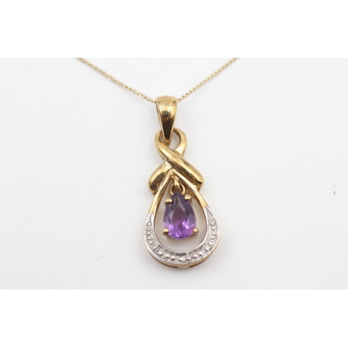 159 - 9ct gold amethyst and diamond set pendant necklace (1.6g)