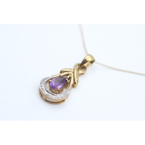 159 - 9ct gold amethyst and diamond set pendant necklace (1.6g)