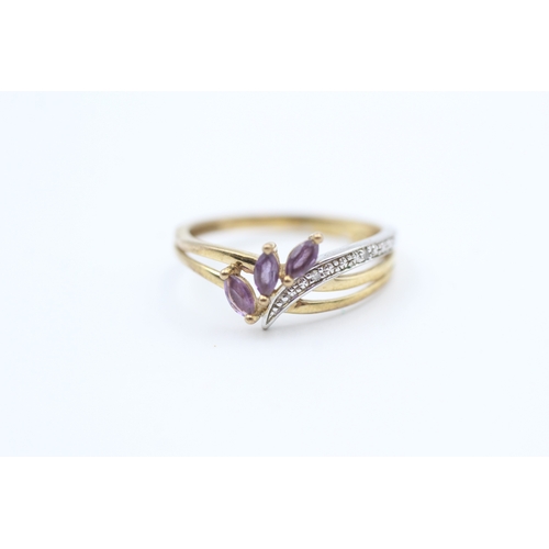 175 - 9ct gold diamond accented marquise cut amethyst set spray ring (1.6g) Size  M