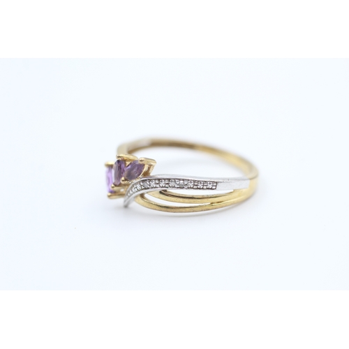 175 - 9ct gold diamond accented marquise cut amethyst set spray ring (1.6g) Size  M