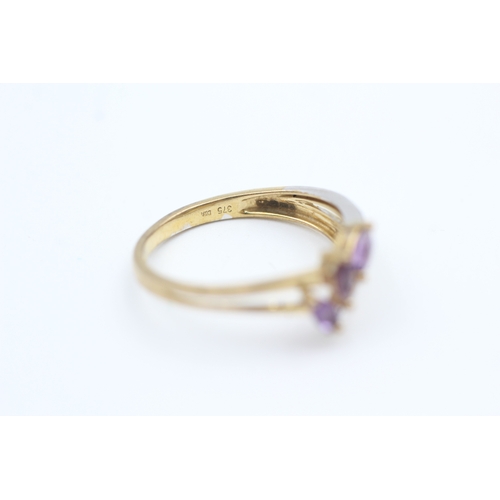 175 - 9ct gold diamond accented marquise cut amethyst set spray ring (1.6g) Size  M