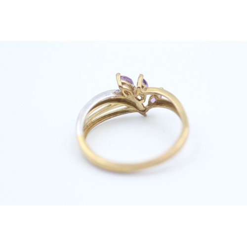 175 - 9ct gold diamond accented marquise cut amethyst set spray ring (1.6g) Size  M