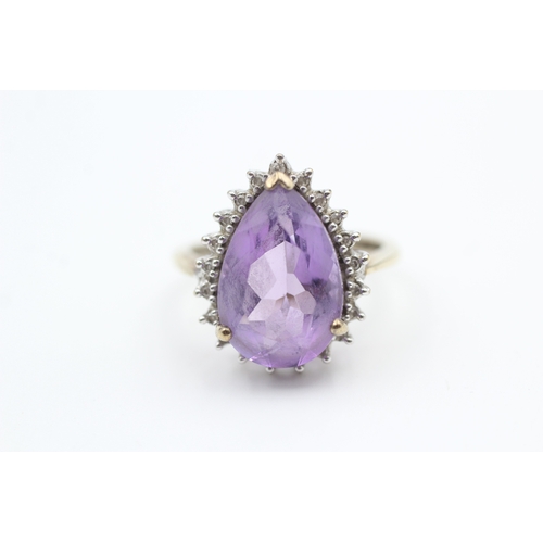 182 - 9ct gold diamond and pear cut amethyst set cocktail ring (3g) Size  N