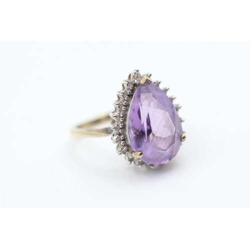 182 - 9ct gold diamond and pear cut amethyst set cocktail ring (3g) Size  N