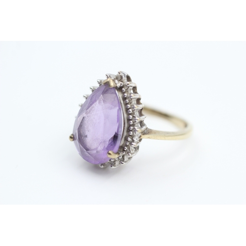 182 - 9ct gold diamond and pear cut amethyst set cocktail ring (3g) Size  N