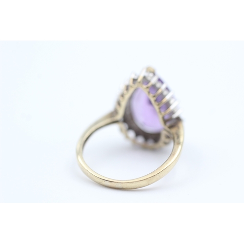 182 - 9ct gold diamond and pear cut amethyst set cocktail ring (3g) Size  N