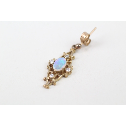 206 - 9ct gold opal and diamond set ornate drop earrings (2.7g)