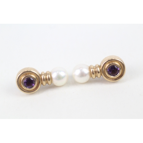 207 - 9ct gold amethyst and cultured pearl set stud earrings (4.3g)