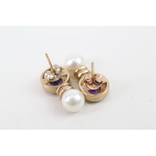 207 - 9ct gold amethyst and cultured pearl set stud earrings (4.3g)