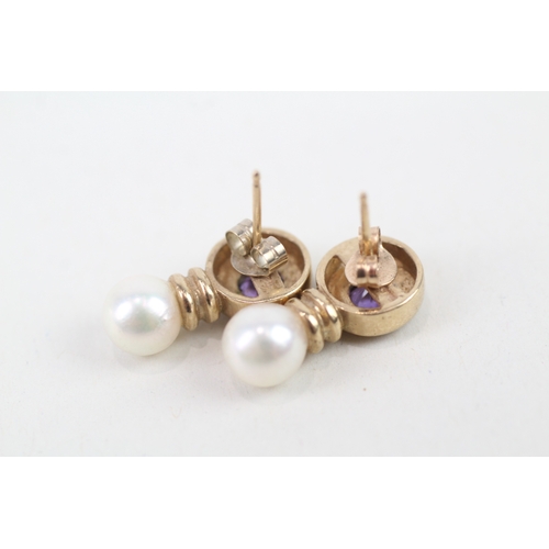 207 - 9ct gold amethyst and cultured pearl set stud earrings (4.3g)