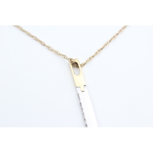 212 - 9ct gold yellow and white gold diamond set line drop pendant necklace (2.1g)