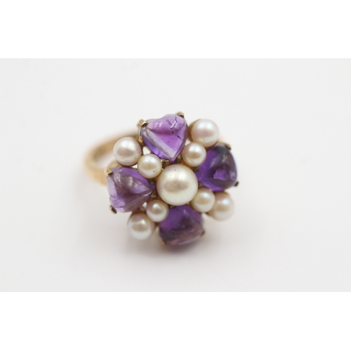 3 - 9ct gold amethyst & cultured pearl cluster cocktail ring (5.6g) Size  O