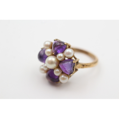 3 - 9ct gold amethyst & cultured pearl cluster cocktail ring (5.6g) Size  O