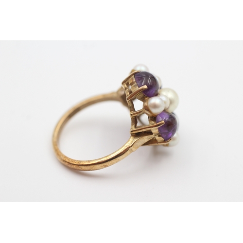 3 - 9ct gold amethyst & cultured pearl cluster cocktail ring (5.6g) Size  O