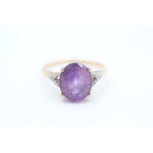 45 - 9ct gold amethyst single stone ring with diamond set shoulders (2.9g) Size  S