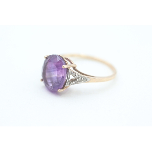 45 - 9ct gold amethyst single stone ring with diamond set shoulders (2.9g) Size  S