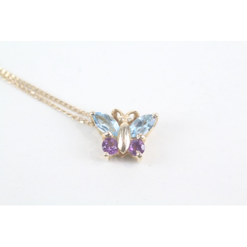 55 - 9ct gold topaz & amethyst butterfly pendant necklace (2.8g)