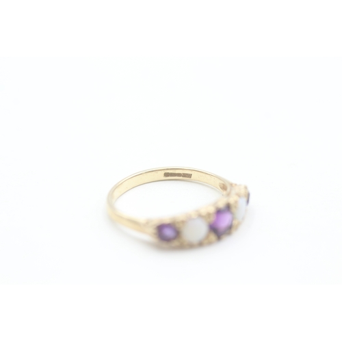 66 - 9ct gold amethyst and opal set five stone boat shaped ring (2.2g) Size  O