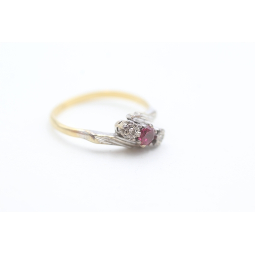 68 - 9ct gold diamond & ruby three stone ring (2.9g) Size  Q