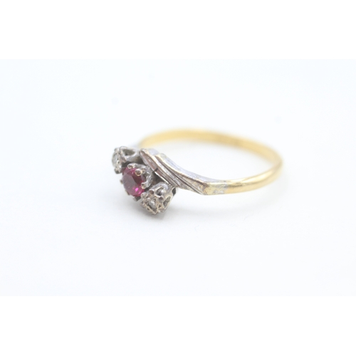 68 - 9ct gold diamond & ruby three stone ring (2.9g) Size  Q