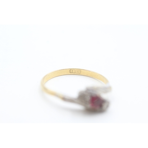 68 - 9ct gold diamond & ruby three stone ring (2.9g) Size  Q