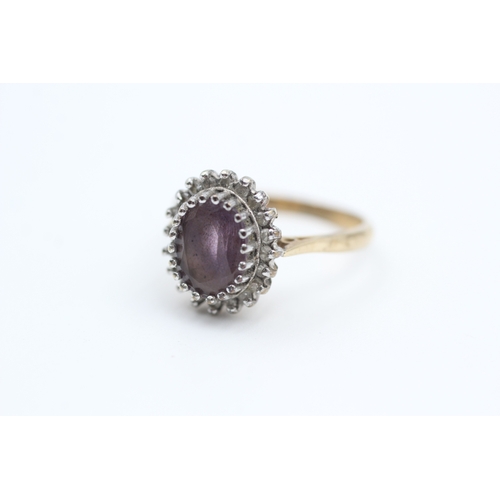 80 - 9ct gold diamond and oval cut amethyst cluster ring (3.2g) Size  N 1/2