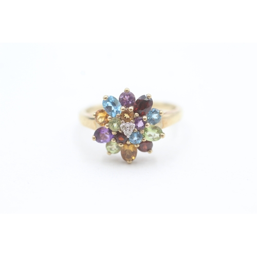 88 - 9ct gold diamond, citrine, amethyst, peridot, garnet, and topaz set cluster ring (3.2g) Size  P