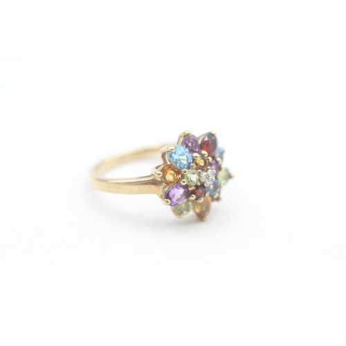 88 - 9ct gold diamond, citrine, amethyst, peridot, garnet, and topaz set cluster ring (3.2g) Size  P