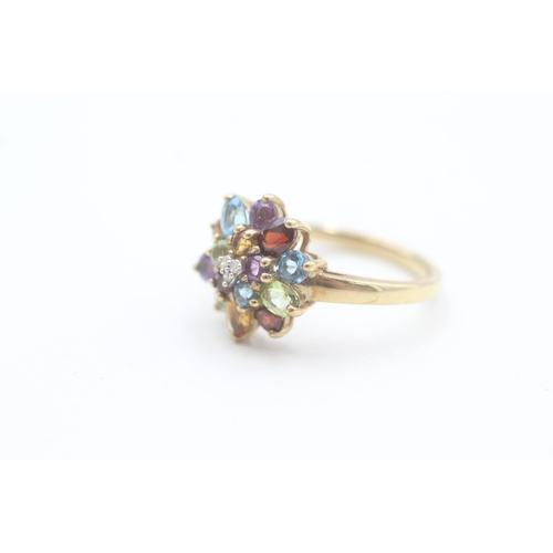 88 - 9ct gold diamond, citrine, amethyst, peridot, garnet, and topaz set cluster ring (3.2g) Size  P