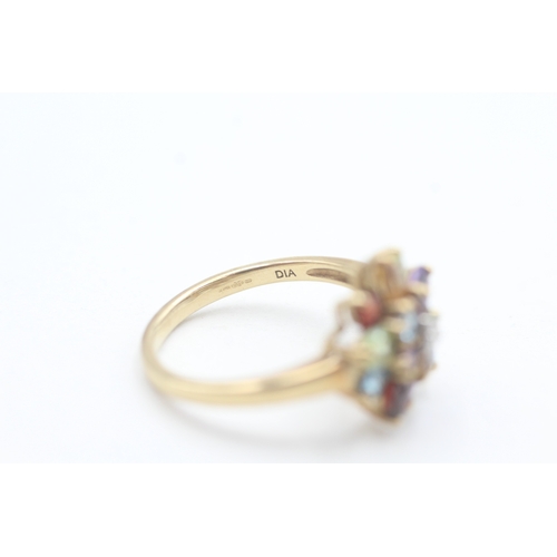 88 - 9ct gold diamond, citrine, amethyst, peridot, garnet, and topaz set cluster ring (3.2g) Size  P