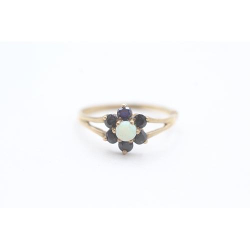 98 - 9ct gold sapphire and opal set cluster ring (1.2g) AS SEEN - MISSHAPEN Size  N